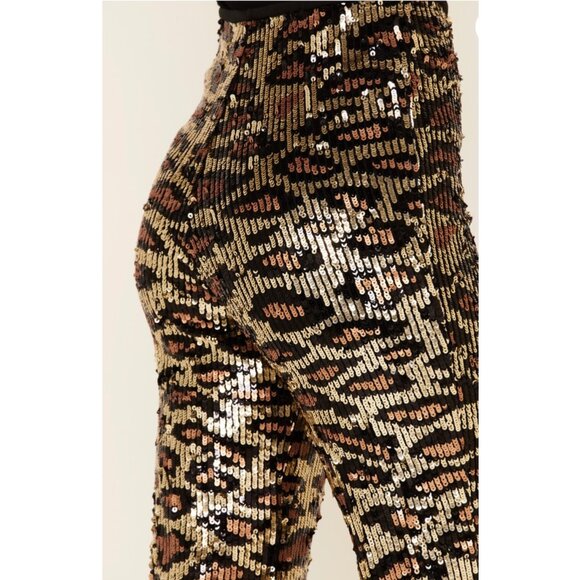 SHOW ME YOUR MUMU WOMEN'S CHEETAH / LEOPARD SEQUIN GRETTA FLARE PANTS - Sz Large - Picture 11 of 14